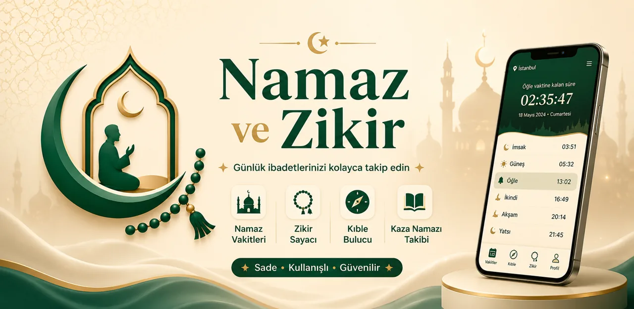 Namaz ve Zikir uygulamasının tanıtım görseli; namaz vakitleri, zikir sayacı, kıble bulucu ve kaza namazı takibi özellikleri